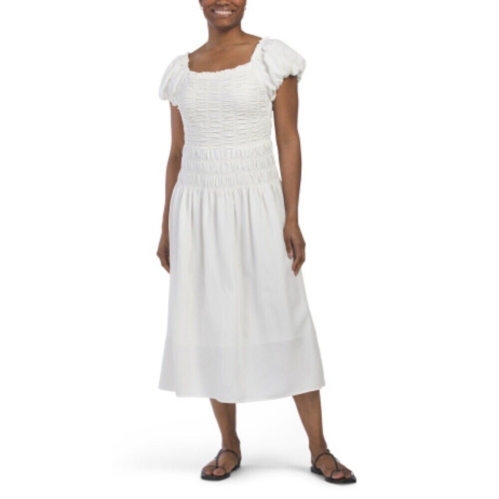 Kourt Malta Midi Dress White Linen Blend Smocked Balloon Sleeve Sz L 1354H1